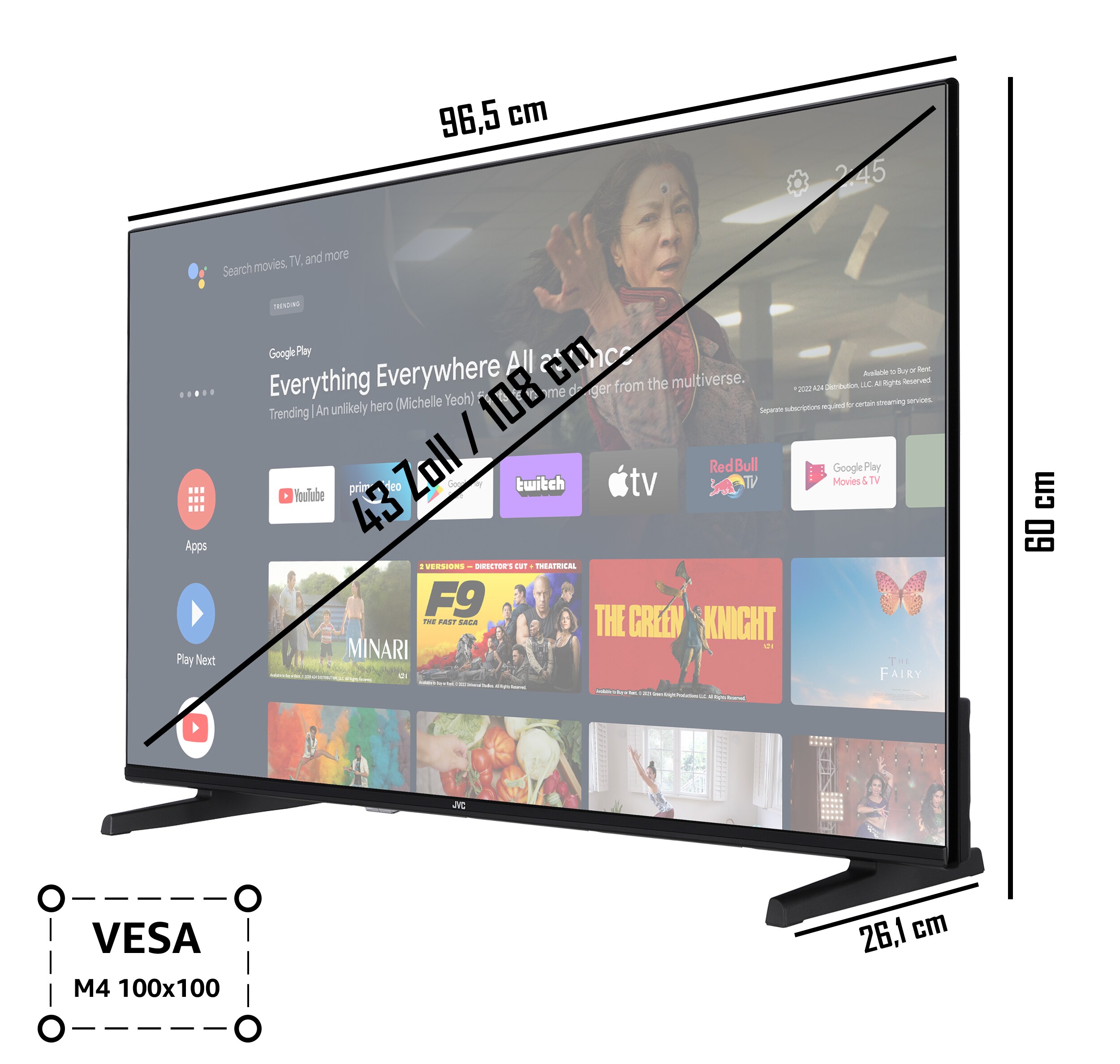 JVC LT-43VA3355 43 Zoll Fernseher/Android Smart TV (4K Ultra HD, HDR Dolby Vision, Triple-Tuner, Dolby Atmos)