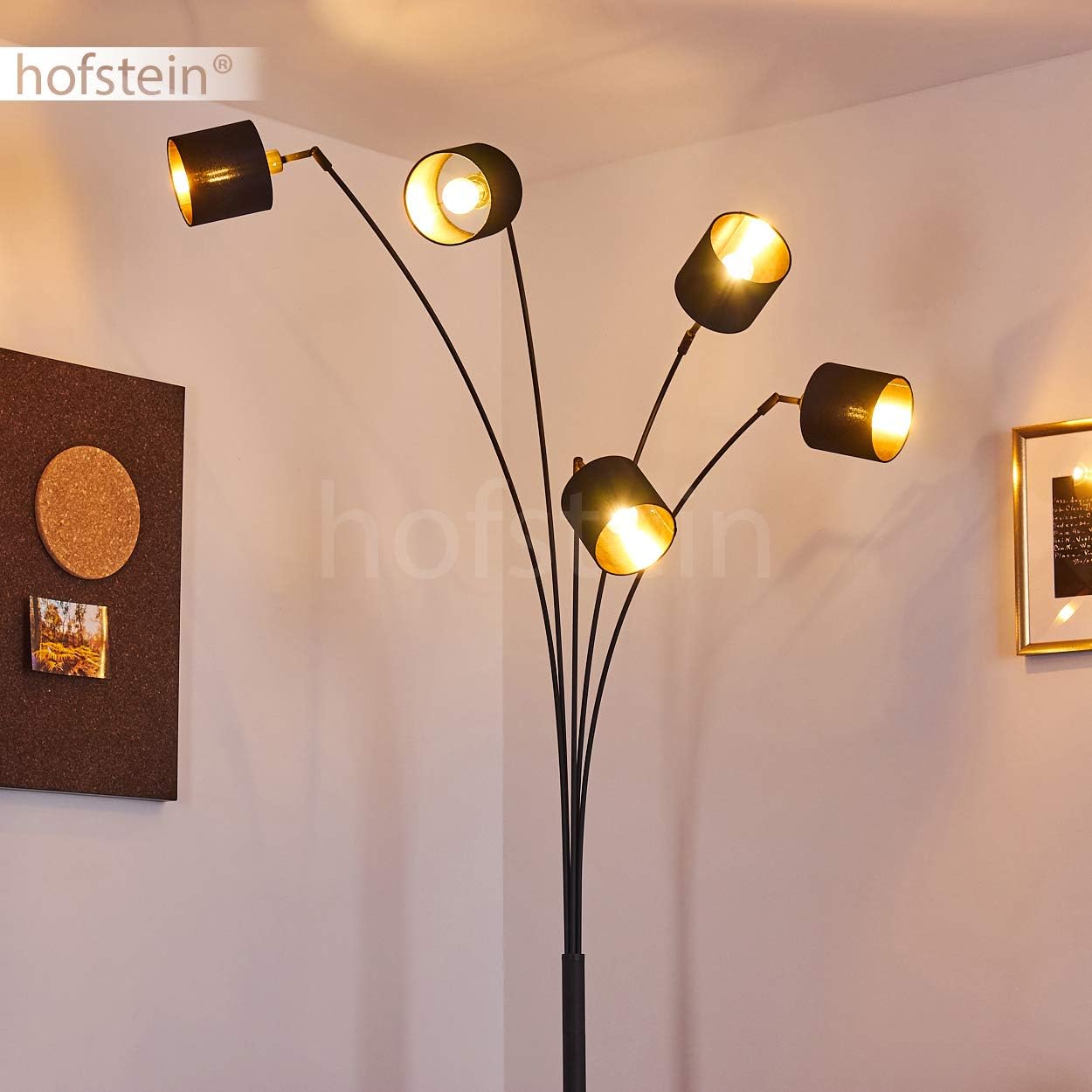 Stehlampe Alsen, moderne Stehleuchte aus Metall/Stoff in Schwarz/Gold, 5-flammig, 5 x E14, Höhe 204 cm, Bodenlampe mit verstellbaren Textil-Schirmen und Fußschalter am Kabel, ohne Leuchtmittel
