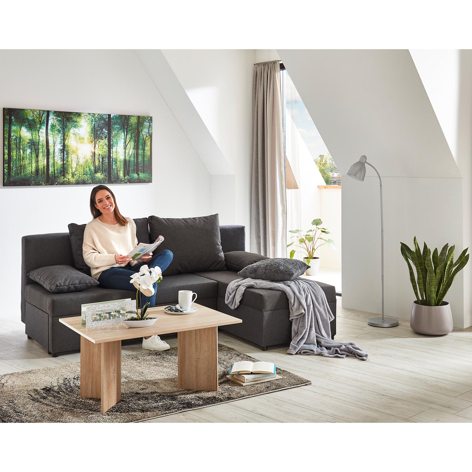 Ecksofa - grau - Webstoff - mit Liegefunktion