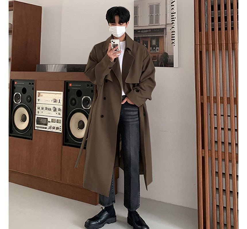 Freehop - Effen midi-trenchcoat met dubbele rij knopen