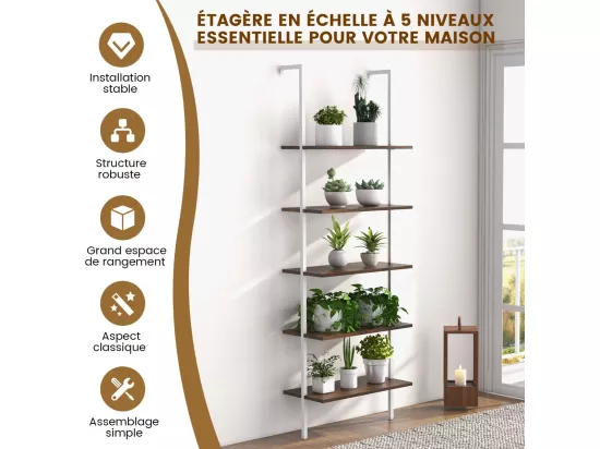 Étagère Échelle Bibliothèque à 5 Niveaux avec Cadre Métallique, Étagère Murale à 5 Niveaux 60x30x180CM (Marron + Blanc)