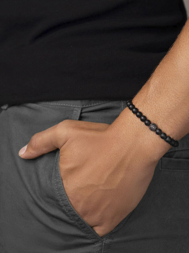 Nialaya Men's Wristband with Matte Onyx and Black CZ Diamond Black