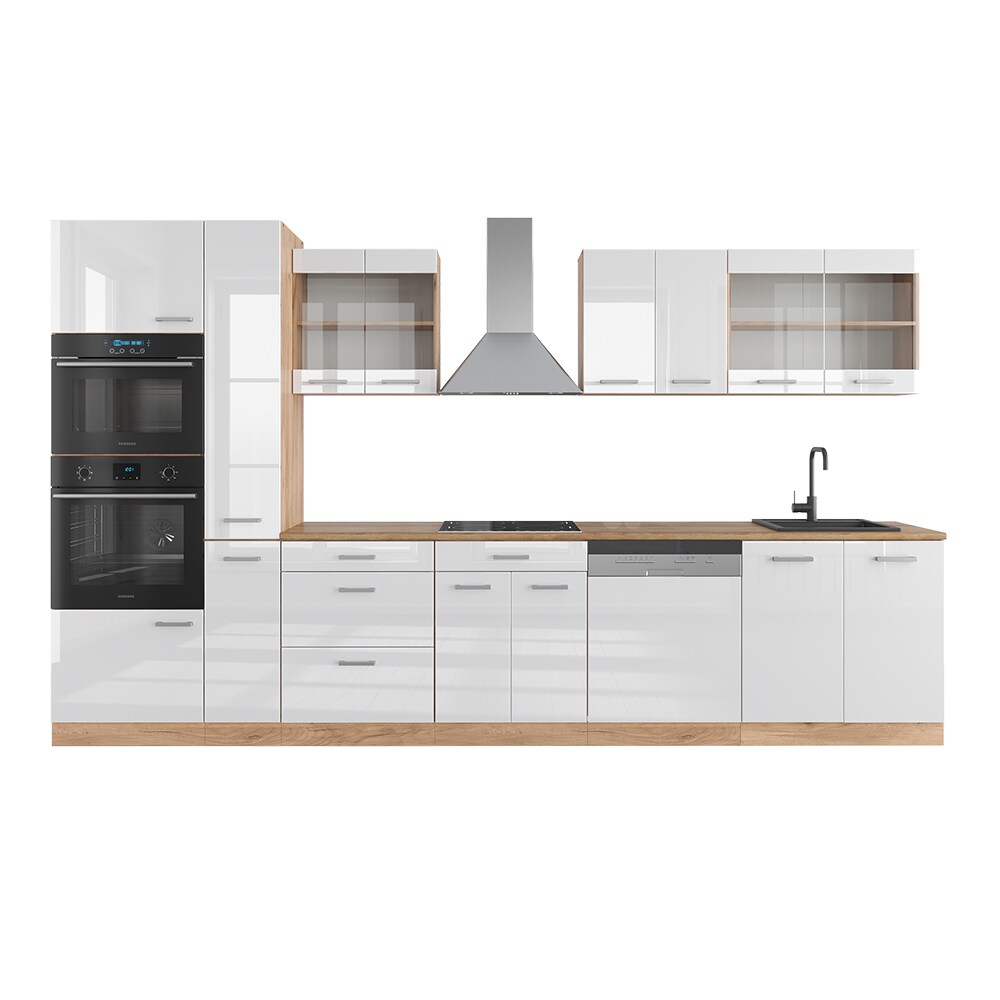 Vicco Küchenzeile Küchenblock Einbauküche R-Line 350 cm Eiche Weiß Hochglanz Küche