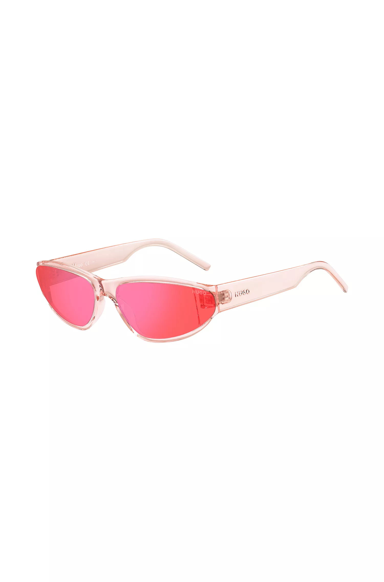 Óculos de sol HUGO em acetato vermelho e rosa com lentes em tons contrastantes.