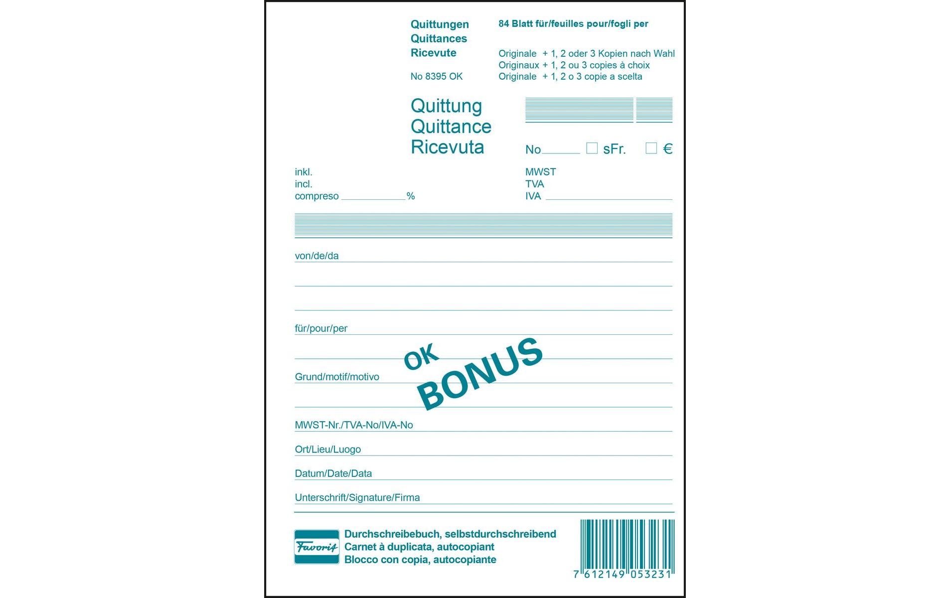 Durchschreibeblock 149 x 209 mm Quittungen Bonus, 84 BlattQuittungen in D/F/I