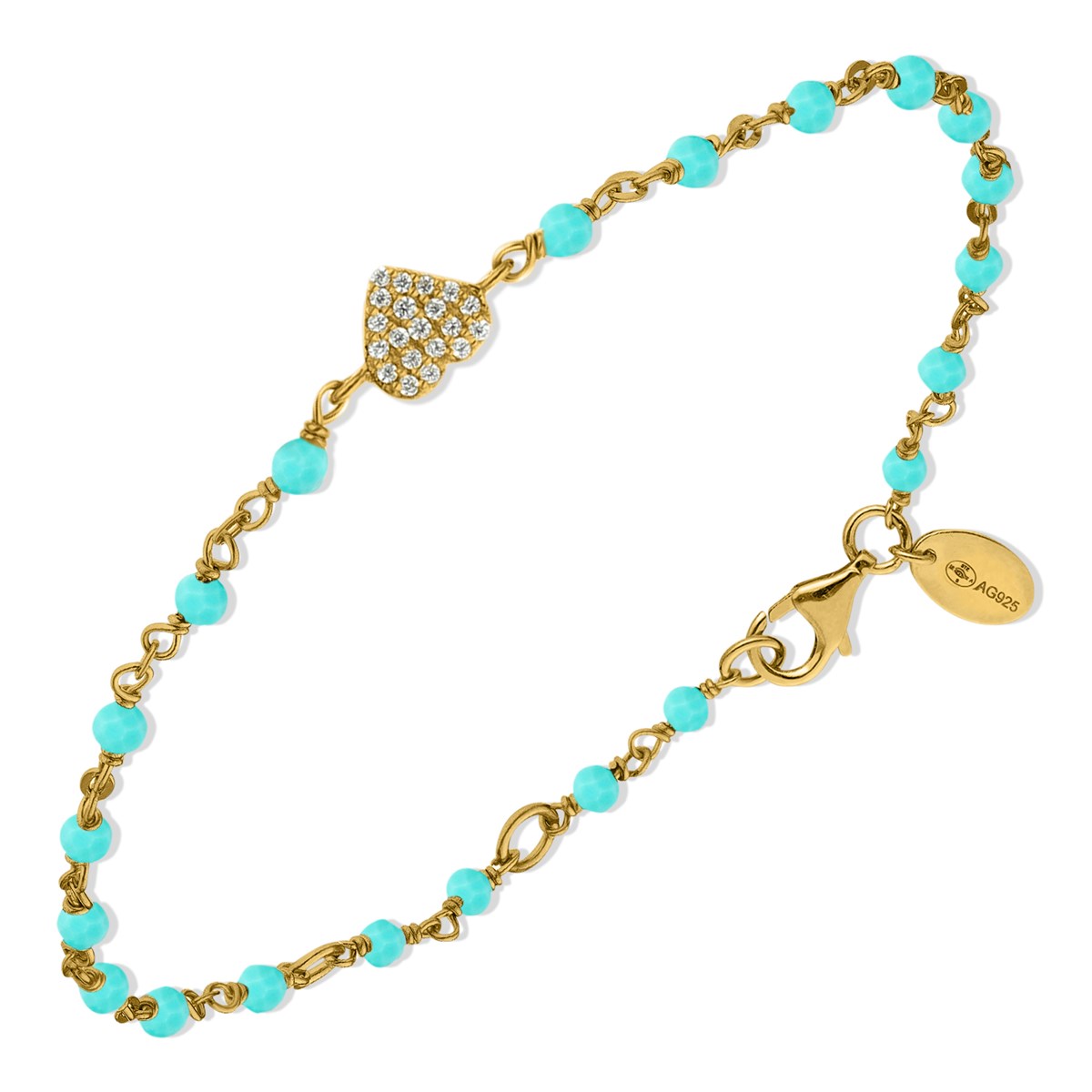 Bracelet Argent Doré Coeur Serti Blanc Pierres Amazonite