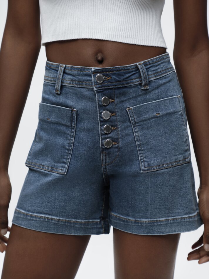 Calções jeans com botões - Azul escuro