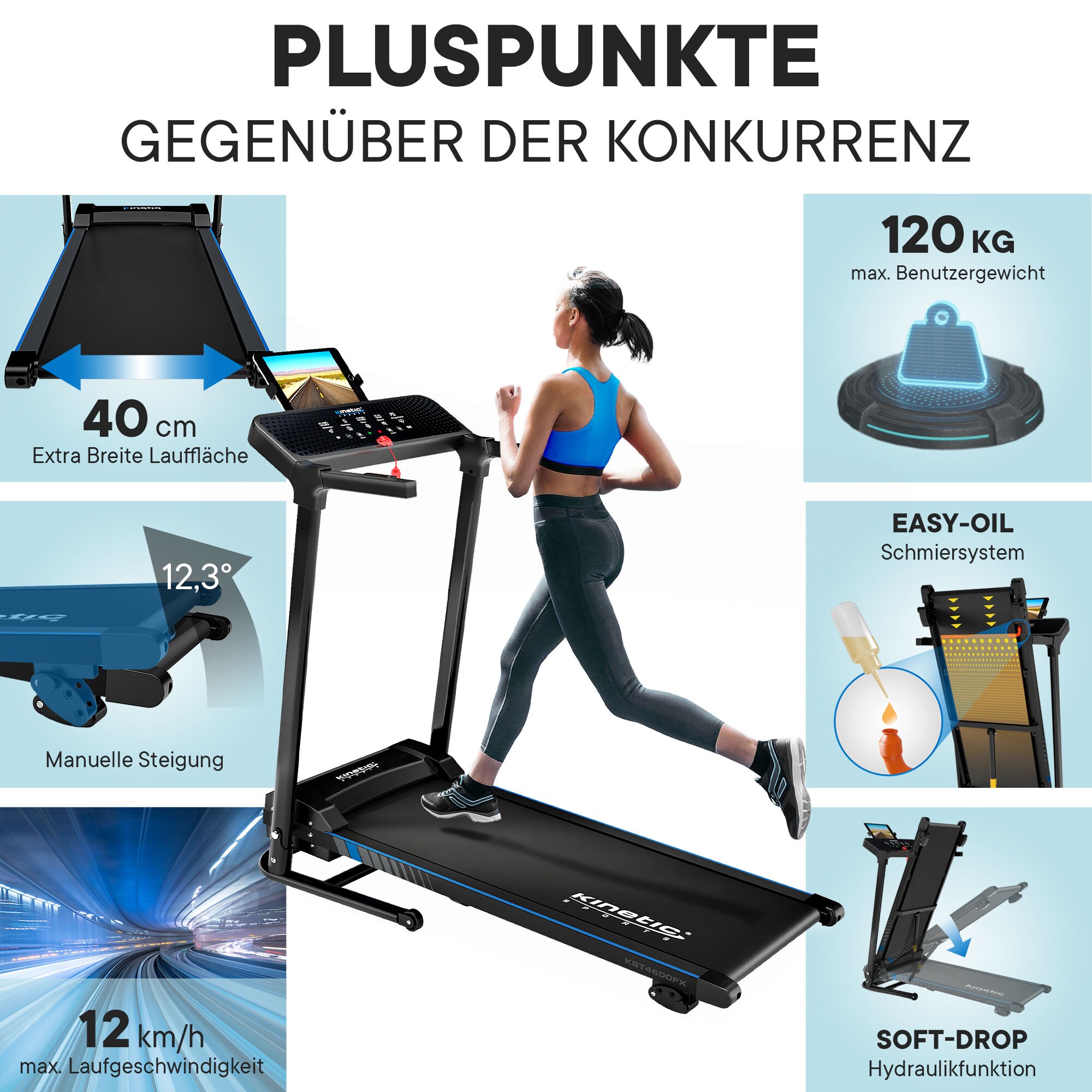 KINETIC SPORTS Elektrisches Laufband KST4600FX klappbar - 1100 Watt DC-Motor bis 12 km/h, Manuelle Steigung, 12+1 Programme, LCD-Display, 40 cm breite Lauffläche, bis 120kg | Standard