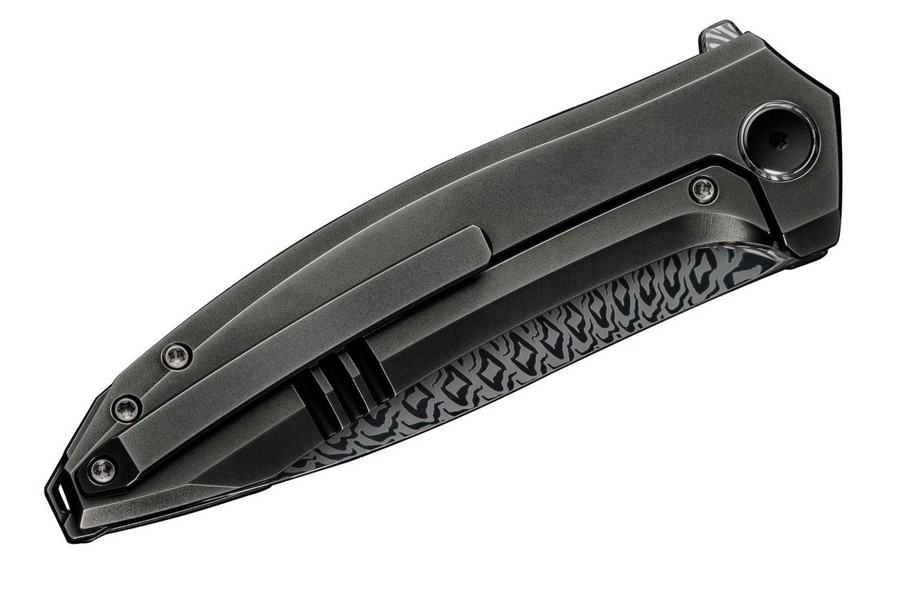 WE Knife Acuminal WE23070-DS1 Fafnir Damasteel, Polished Gray Titanium, zakmes