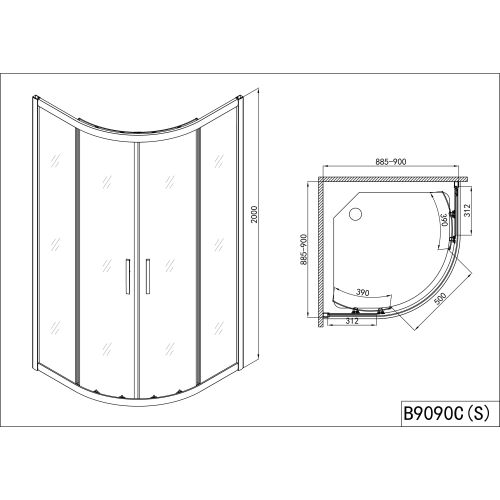 Badstuber Pro-Line douchecabine kwartrond met anti-kalk coating 90x90x200cm