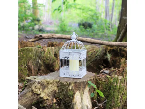 Cage à oiseaux décorative ancienne métal blanc 18x18x40cm