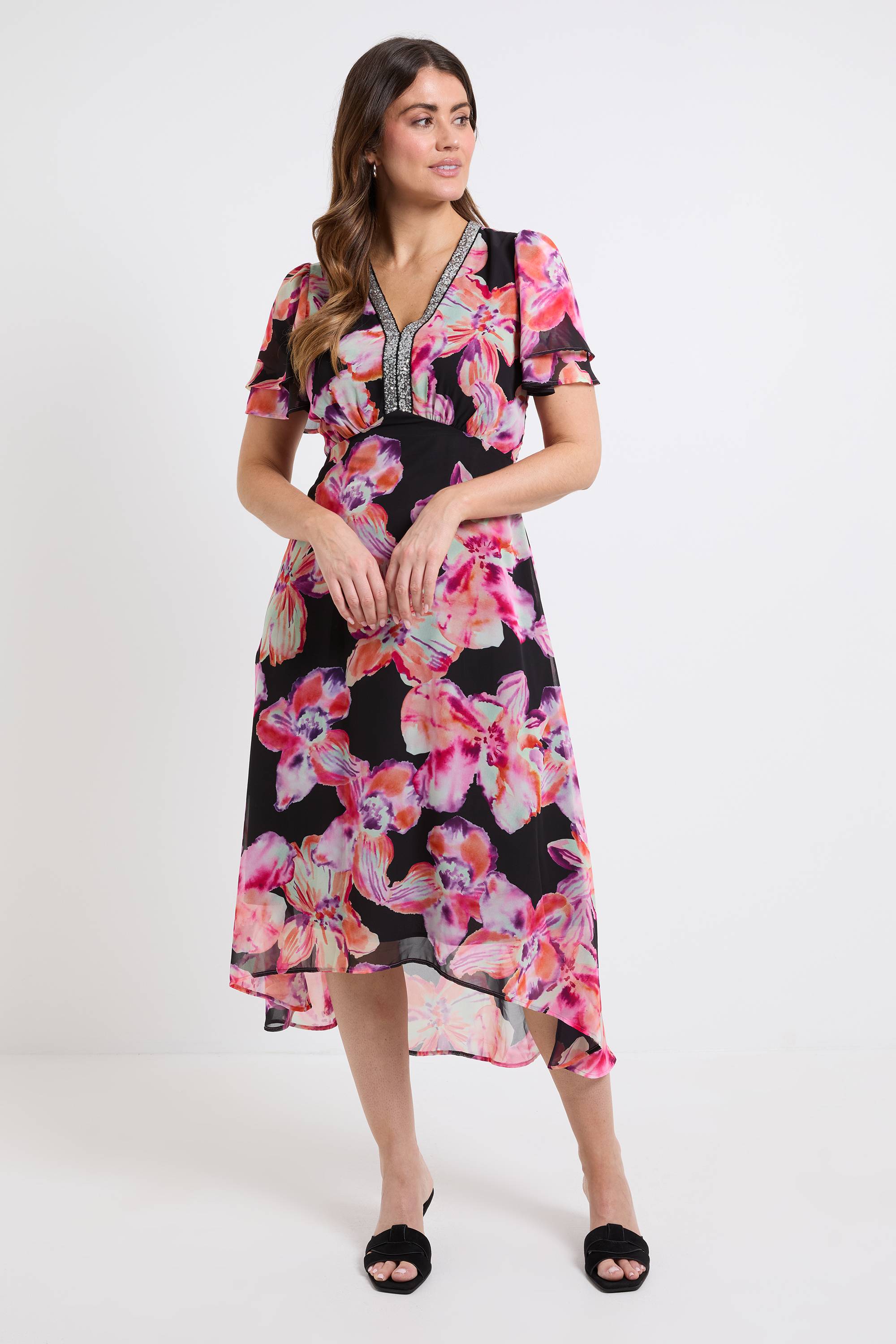 Wallis Robe Midi En Mousseline Florale Avec Empiècements À Paillettes