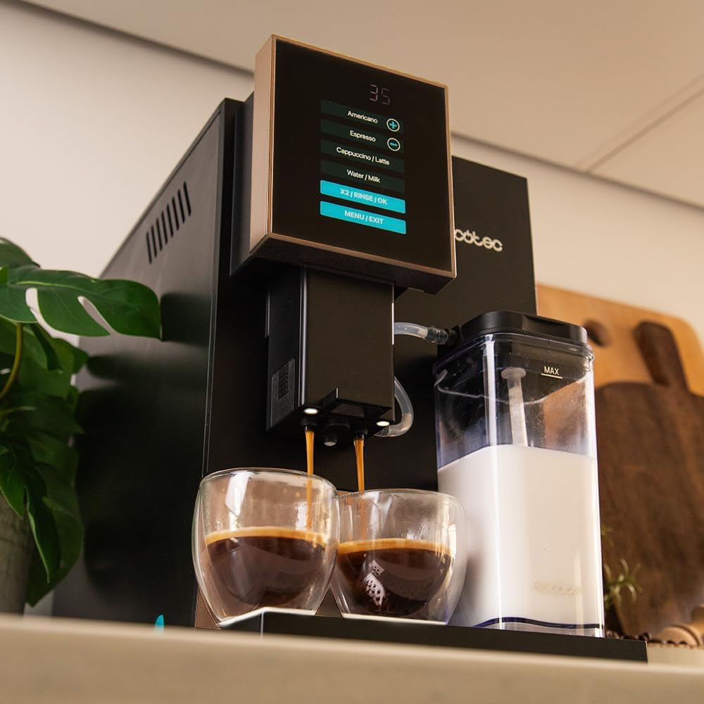 Cecotec Machine à Café Superautomatique Cremmaet Compactccino Black Silver, 19 bars, Réservoir à lait, Système Thermoblock, 5 niveaux de mouture, Réservoir à café 150g