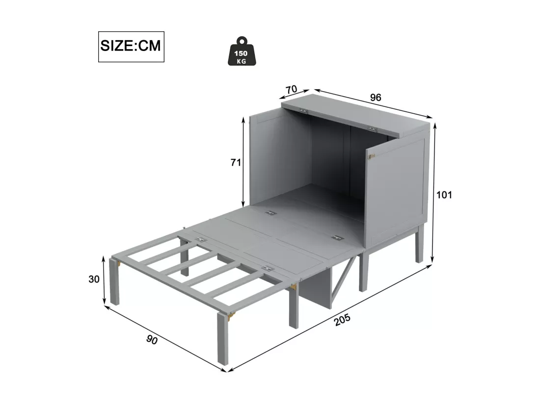 Lit escamotable 90x200 cm en bois - avec sommier à lattes - Gris