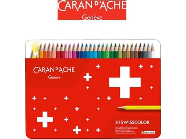 CARAN D'ACHE Swisscolor fargeblyanter, metalletui med 30 vanntette fargeblyanter, laget av sedertre, sekskantet fat, - 1 stk (1284.730)