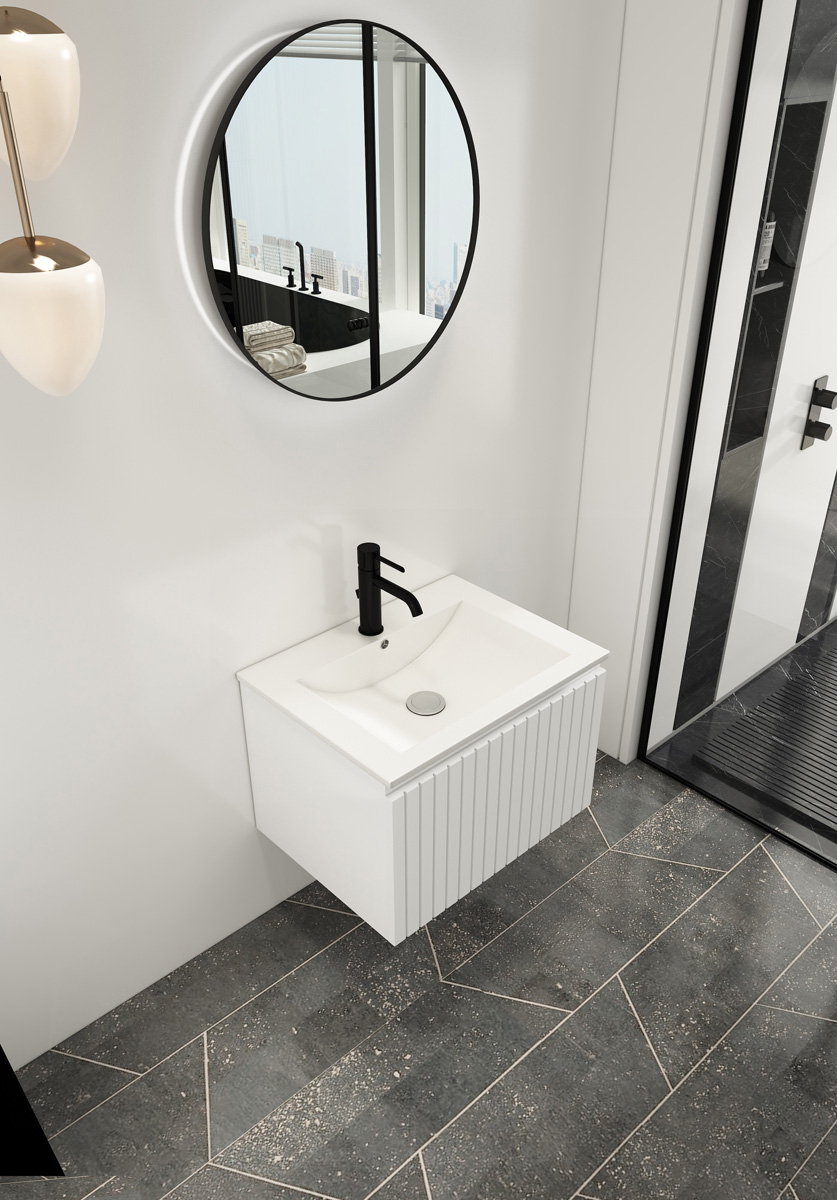 Fontana Lento wit badkamermeubel ribbelfront met witte wastafel 60cm 1 kraangat en ronde spiegel