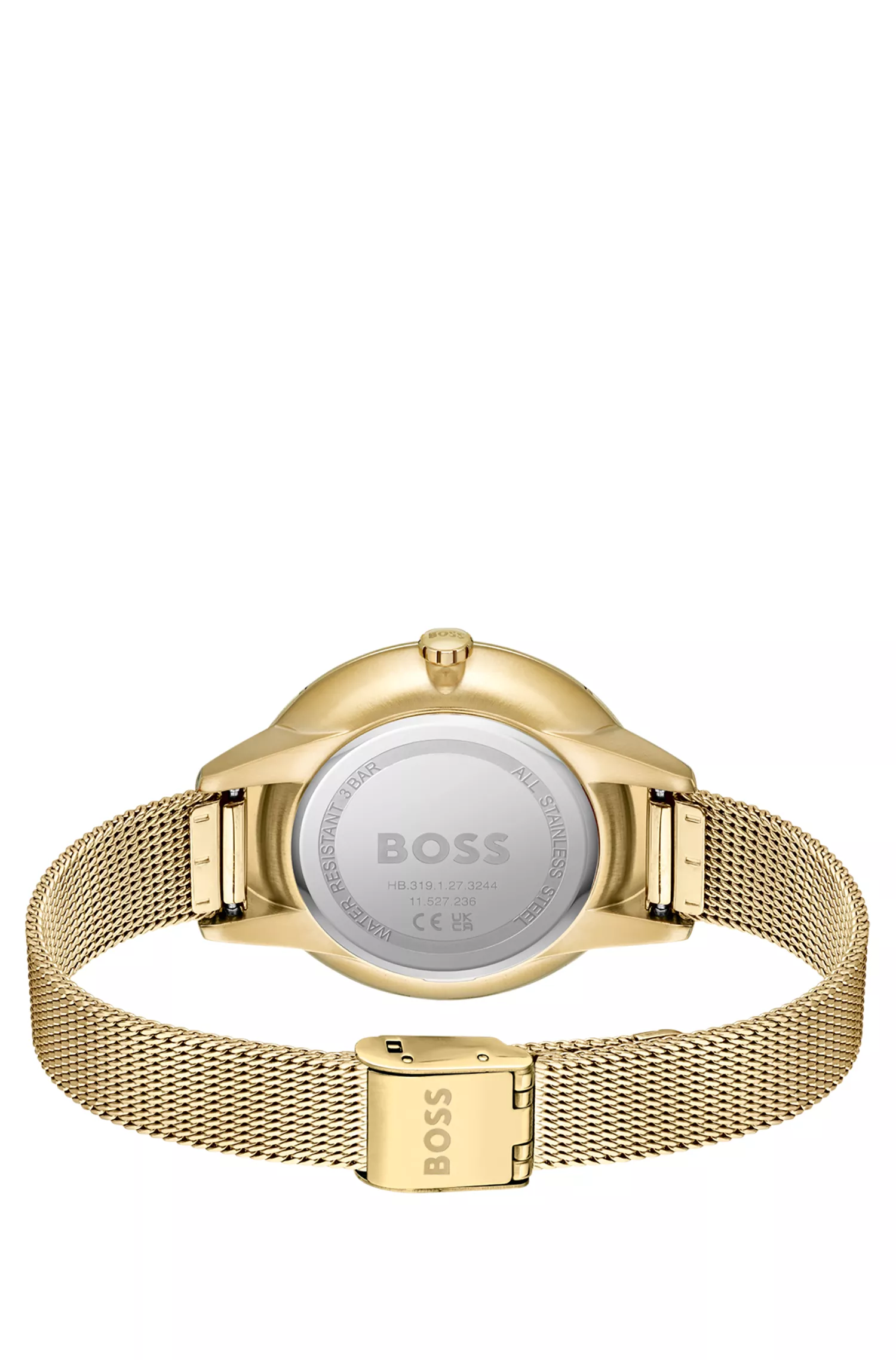 Relógio BOSS com efeito preto e dourado e bisel cravejado de cristais.