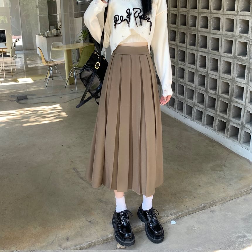 Shinsei - Hoge taille effen accordeon geplooide midi A-lijn rok