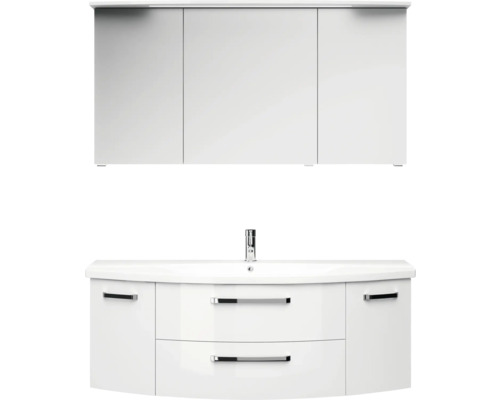 3-delige badkamermeubelset Pelipal xpressline 4010 BxHxD 144 x 200 x 49,5 cm, fronten hoogglans wit, met witte keramische wastafel en keramische spoelbak, badmeubel, spiegelkast met LED-verlichting, chromen grepen, 4010.1400209 40101400209