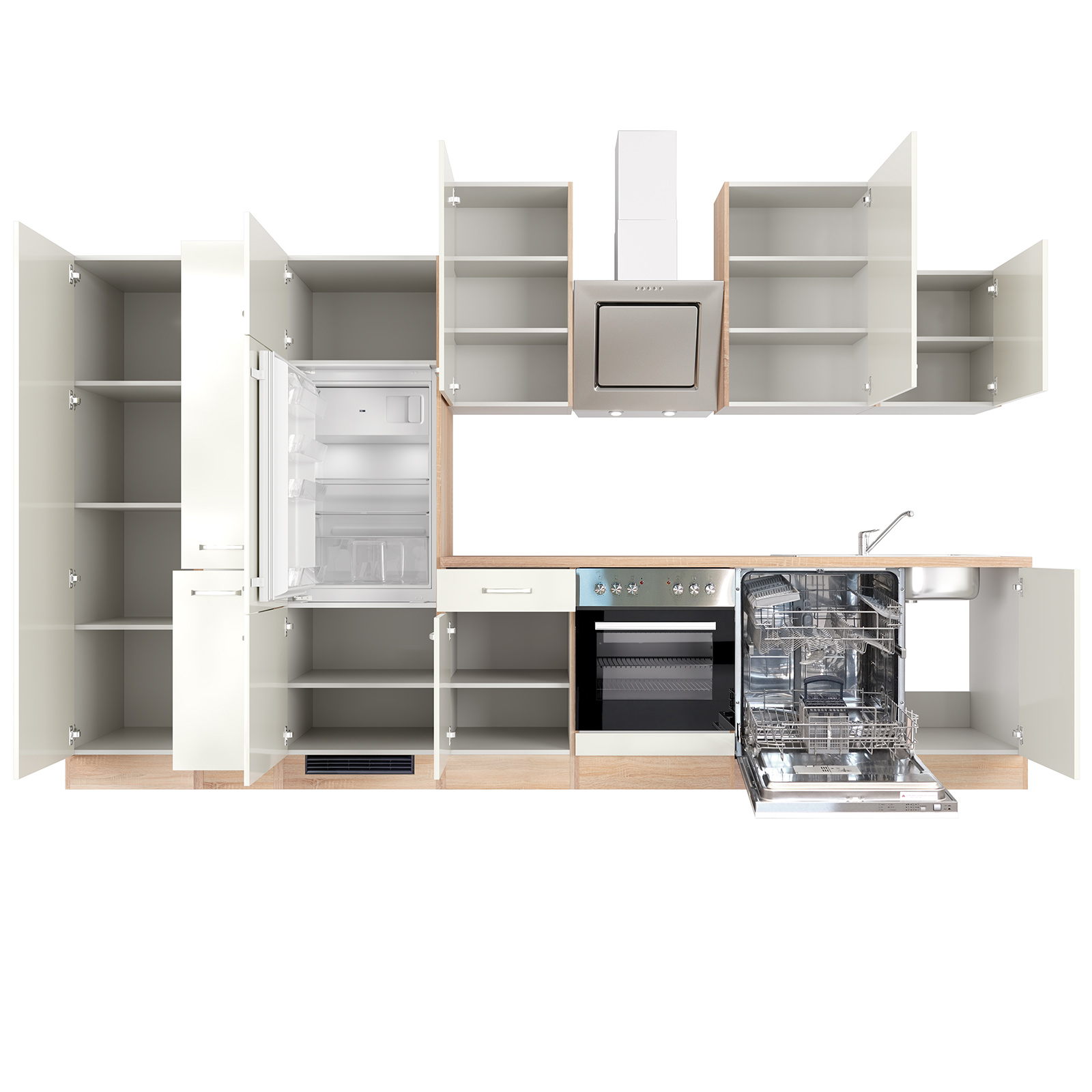 Küchenblock VALERO - weiß Hochglanz-Sonoma Eiche - mit E-Geräten - 360 cm