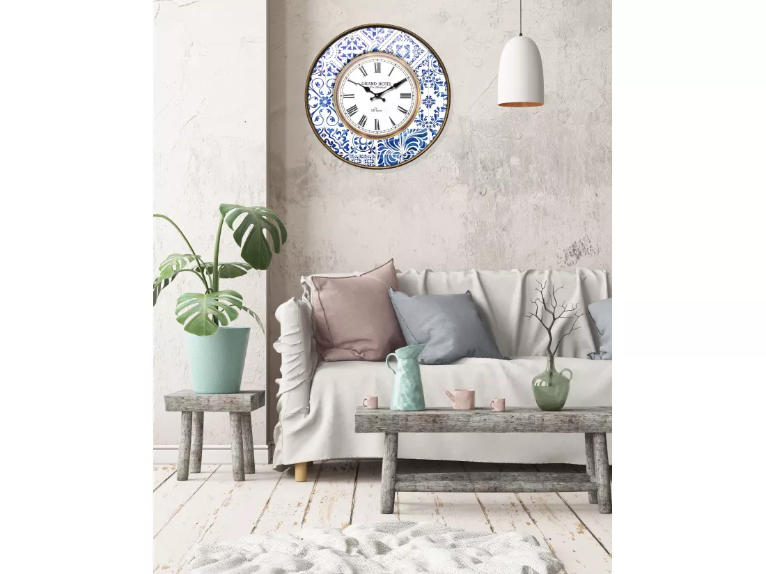 Horloge Décorative Metal Blanc Bleu Analogique 50x50x4,5
