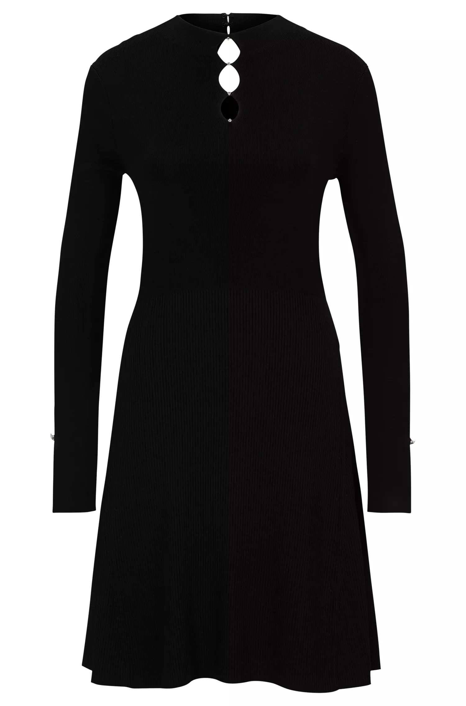Vestido preto de manga comprida BOSS com decote diferenciado em fios elásticos.