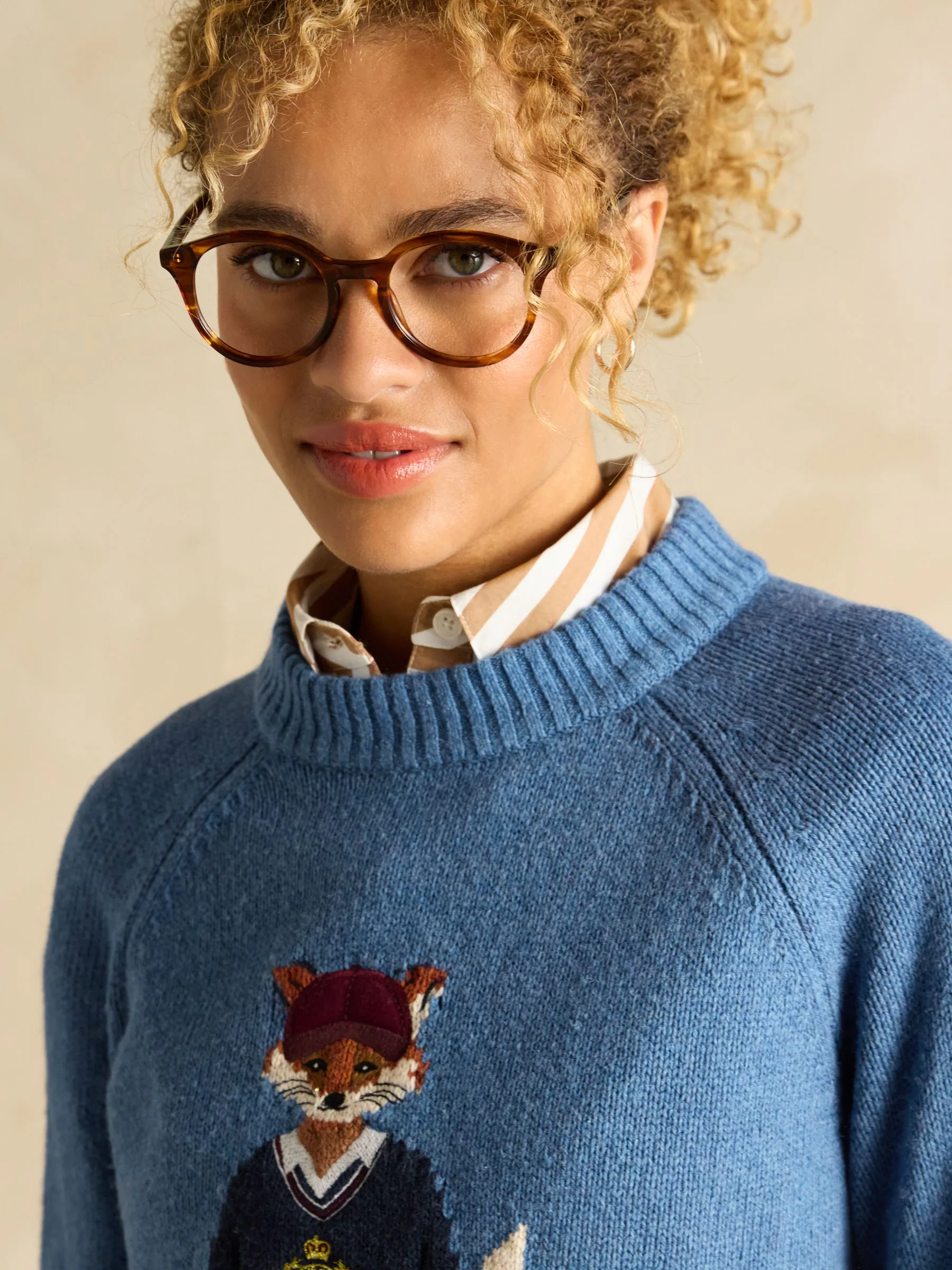 Blue Jonty Fox - Joules Intarsia Cotton-Rich Crew Neck Jumper