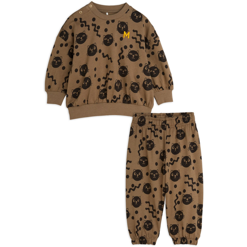 Køb Mini Rodini Brown Squiggly Cats AOP Sweatsæt