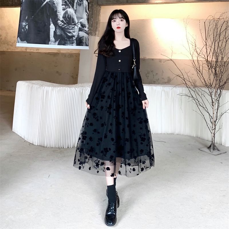 Shalala - Midi-lijnjurk met lange mouwen en bloemenprint en mesh-overlay