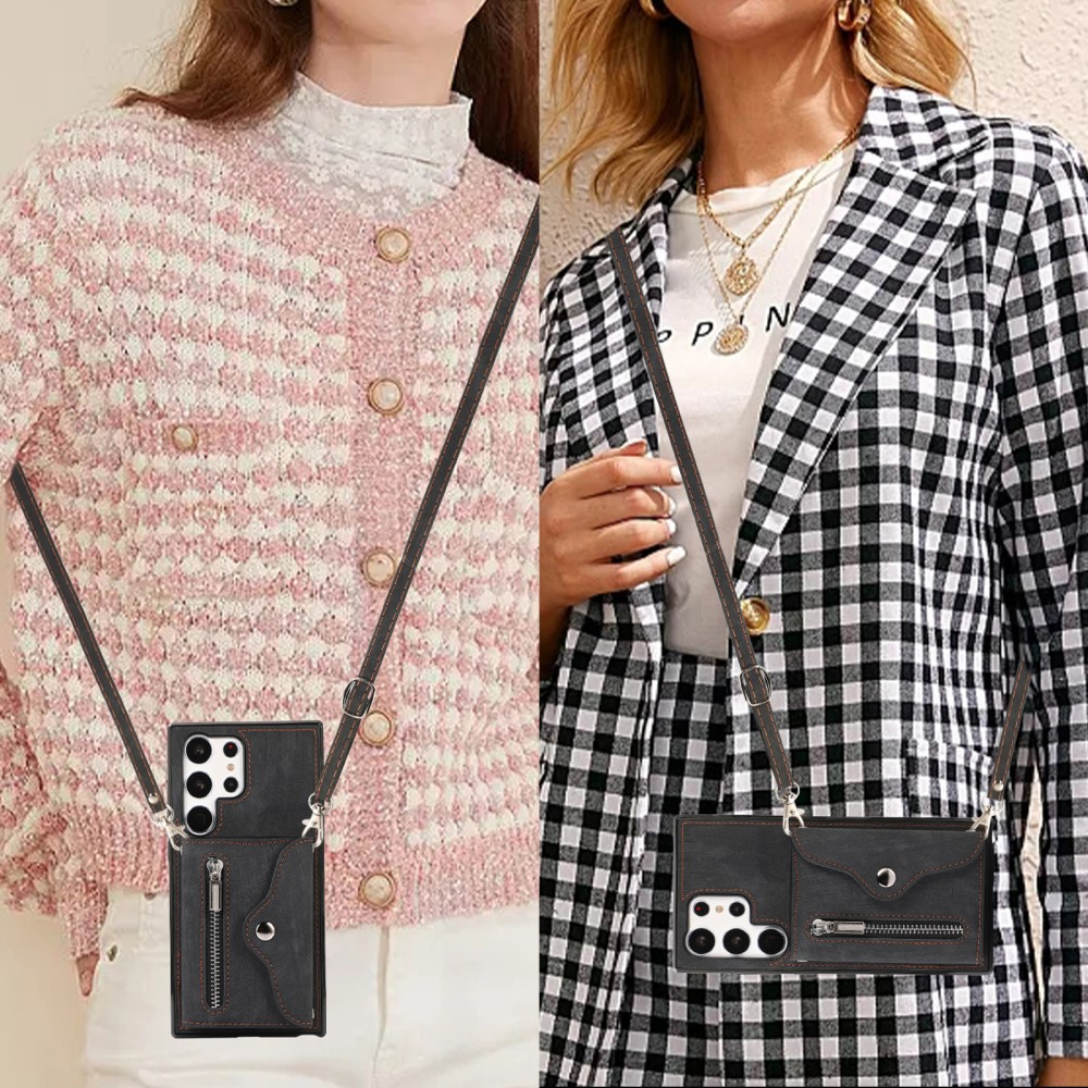 Samsung Galaxy S23 Ultra 5G Necklace Leder Schutz Hülle mit Kartenfächer   Handykette (RFID Schutz) - Schwarz