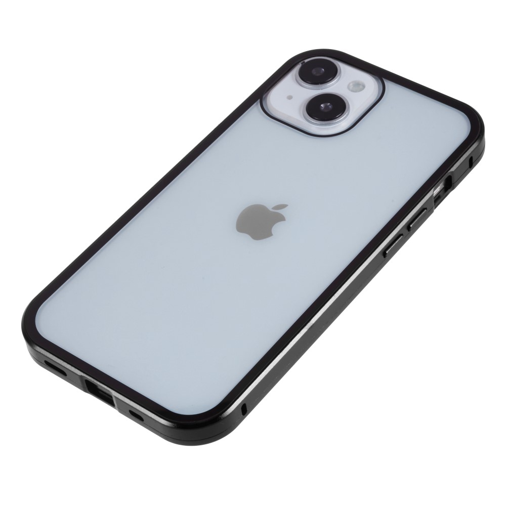 iPhone 14 Magnetische Alu Schutzhülle mit Panzer Glas Backcover   Privacy Glas Displayschutz (Magnet-Technologie) - Schwarz