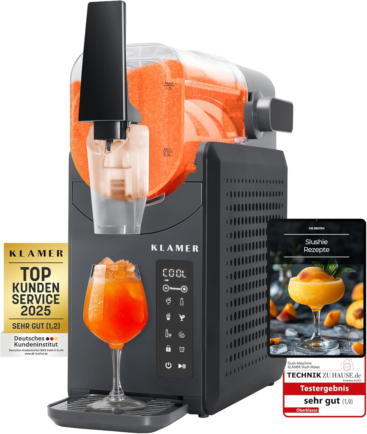 KLAMER Slush Maschine, mit 5 voreingestellten Programmen: Slushie, Cocktail, Milchshake, Frappé, Wein, Automatische Reinigung, 2L Fassungsvolumen, Turbo Freeze, kein Eis erforderlich