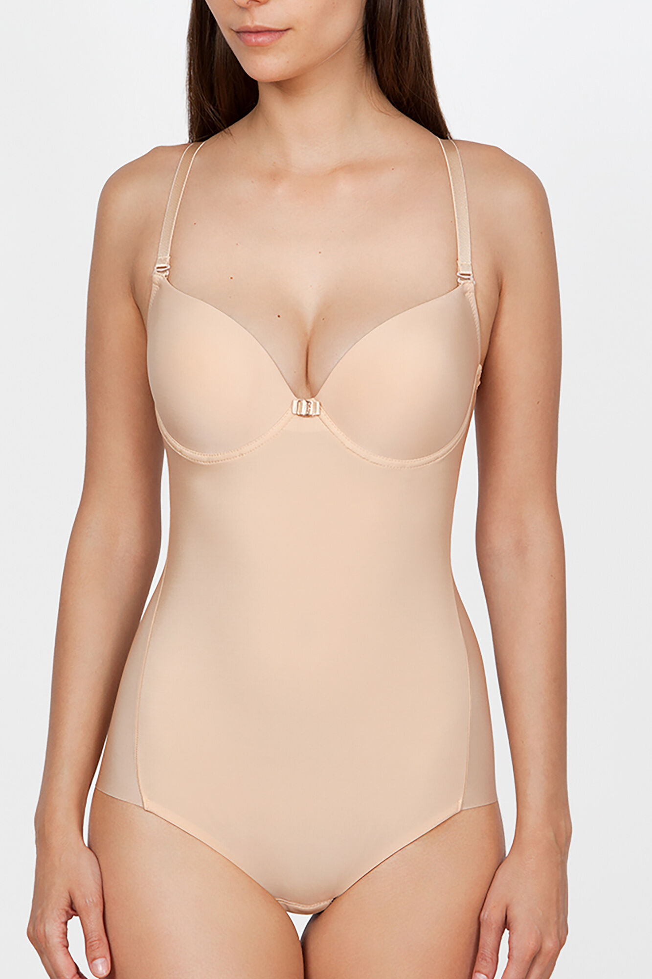 Body de noiva Ivette Bridal sem costas com bojo push-up na cor bege natural.