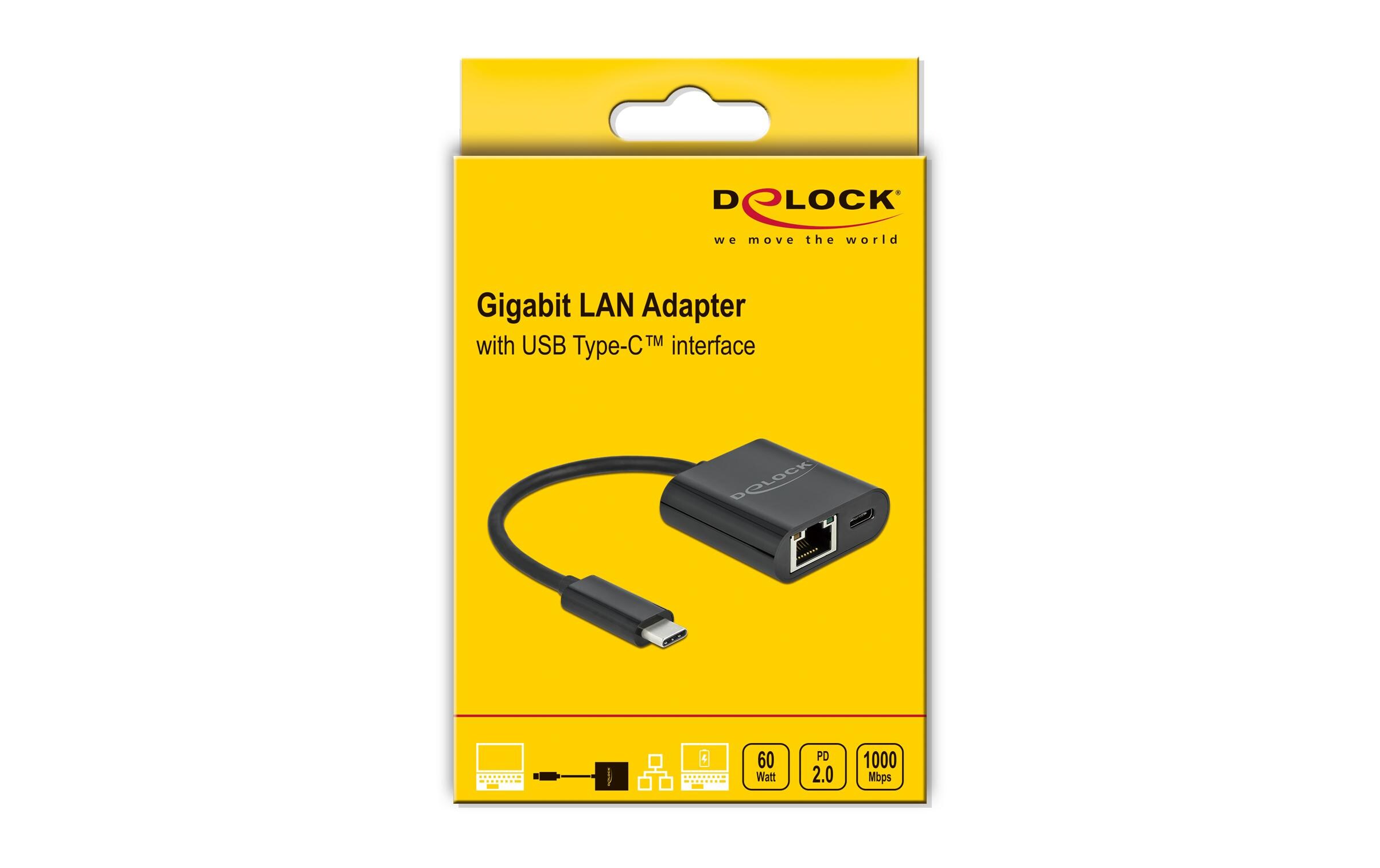 Netzwerk-Adapter Typ-C – RJ-45, 1Gbps mit PowerdeliveryUSB Type-C Adapter zu Gigabit LAN 10/100/1000 Mbps mit Power Delivery Anschluss Schwarz