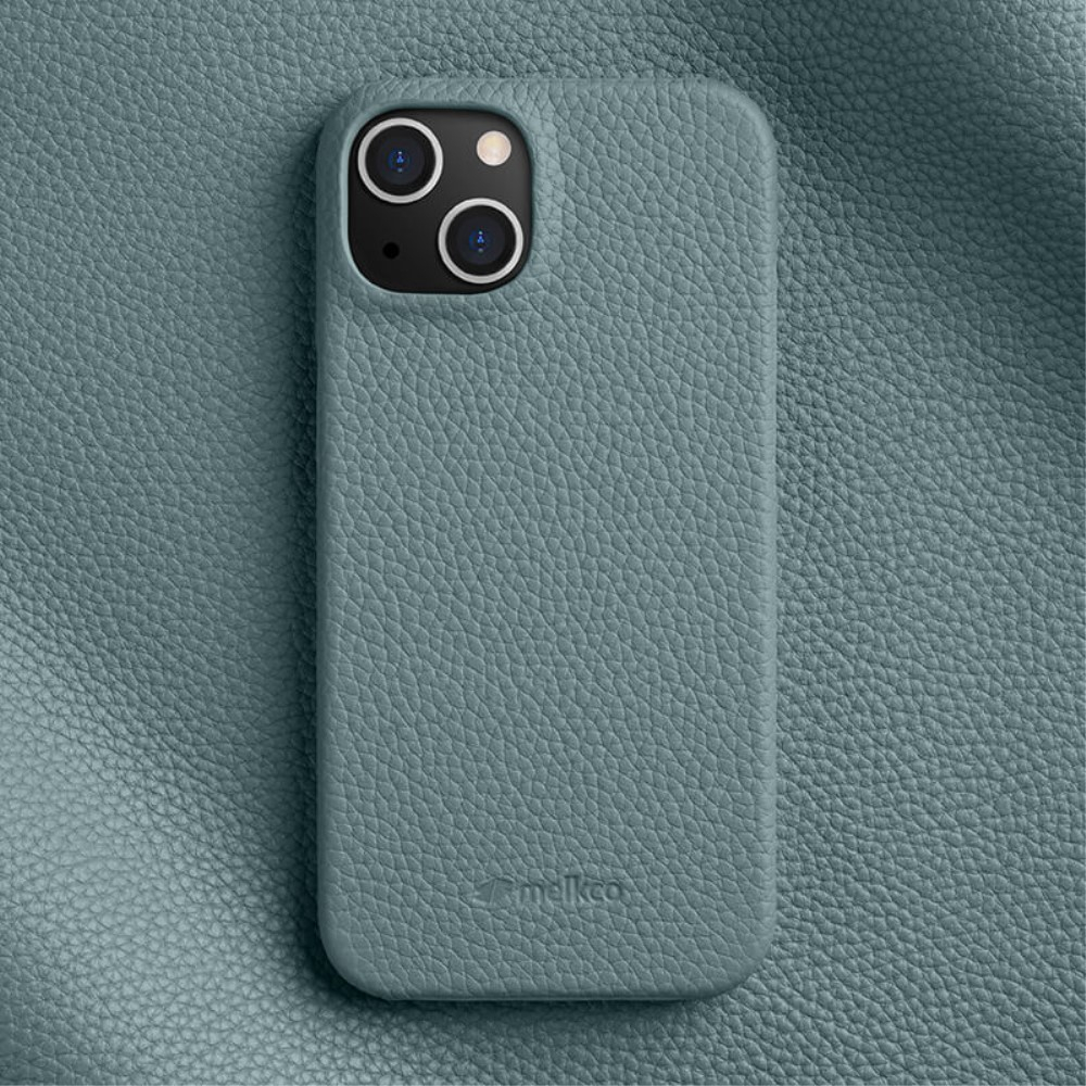 iPhone 14 Echtleder Hardcase Hülle Litchi Look - Blaugrau