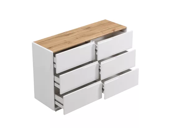 Commode AMANI - 6 tiroirs - MDF - Blanc laqué et Chêne