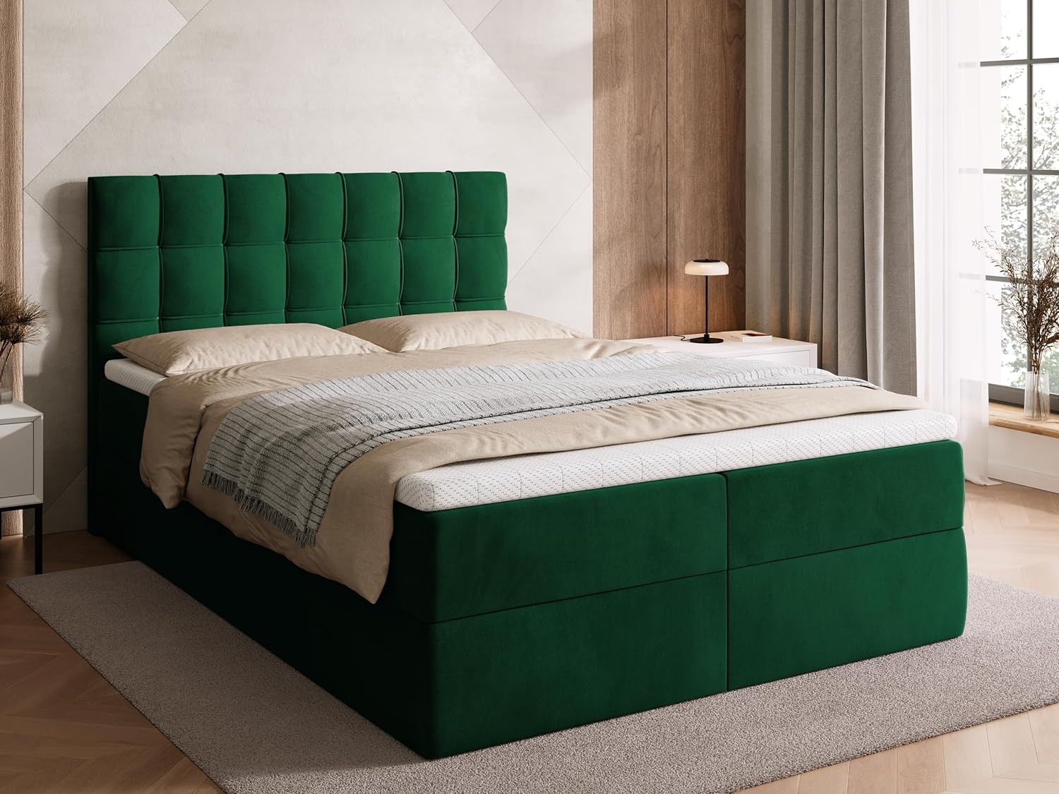 BROMARKT Boxspringbett mit Bonell Matratze und Bettkasten Doppelbett mit Topper 140x200cm Härtegrad H3 Bett für Schlafzimmer gepolsterte Kopfstütze Detroit Grün