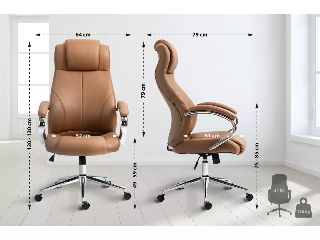 Chaise de bureau - Véritable cuir & Noir - Marron clair - Salford