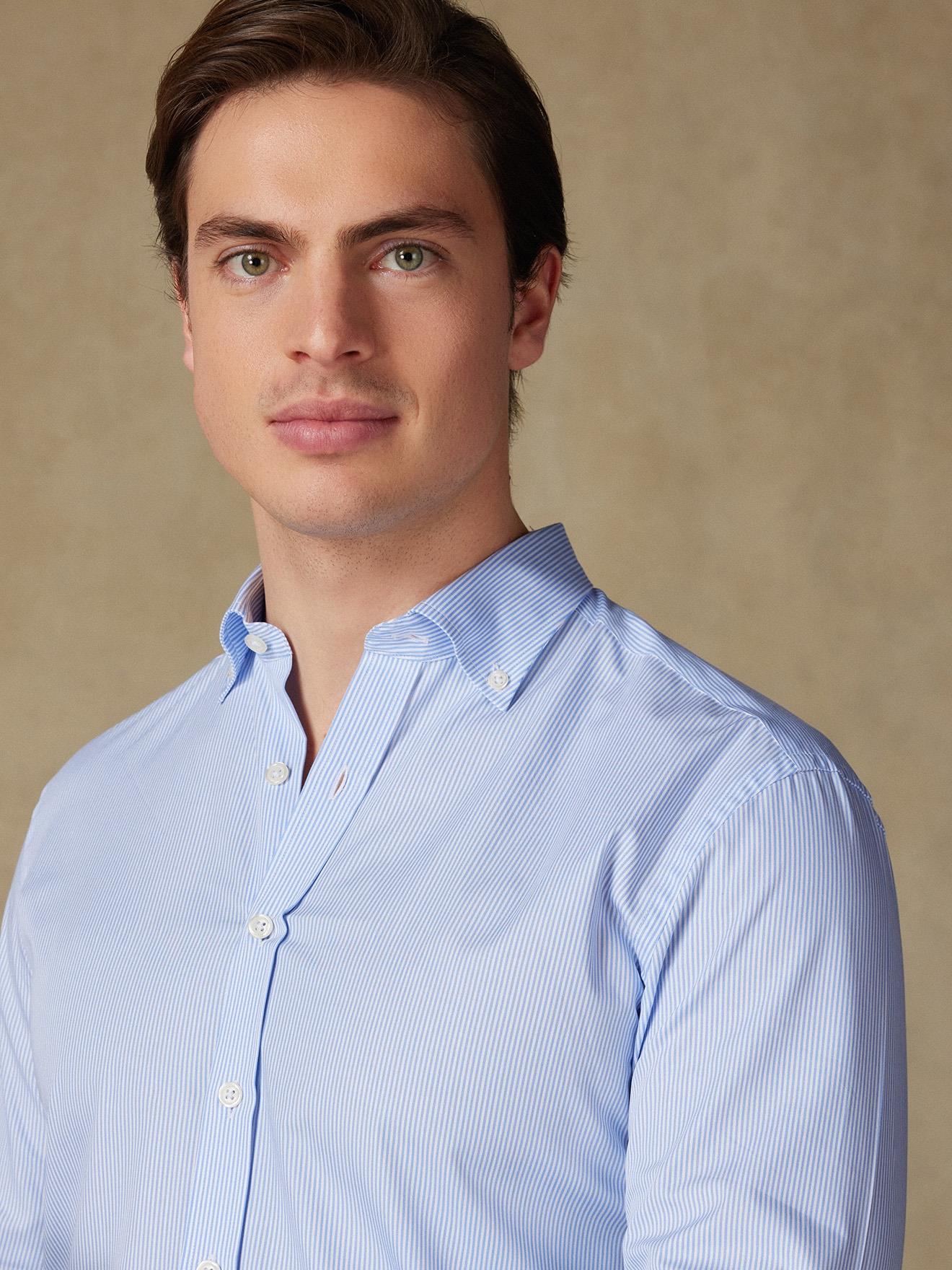 Chemise cintrée Menthon à rayures ciel - Col Boutonné