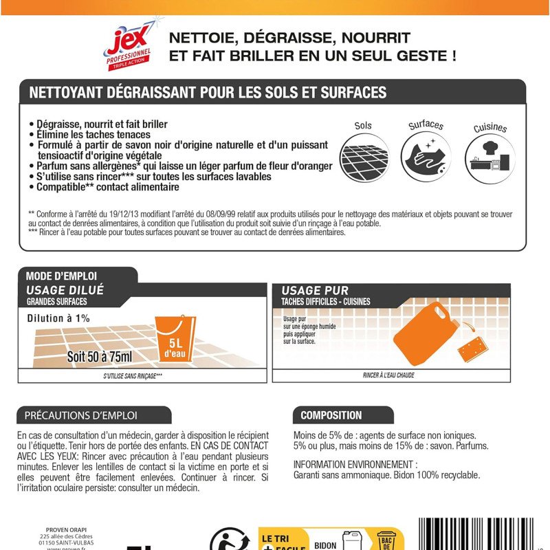 Dégraissant Triple Action au savon noir et à la fleur d'Oranger Jex professionnel - Bidon de 5 L