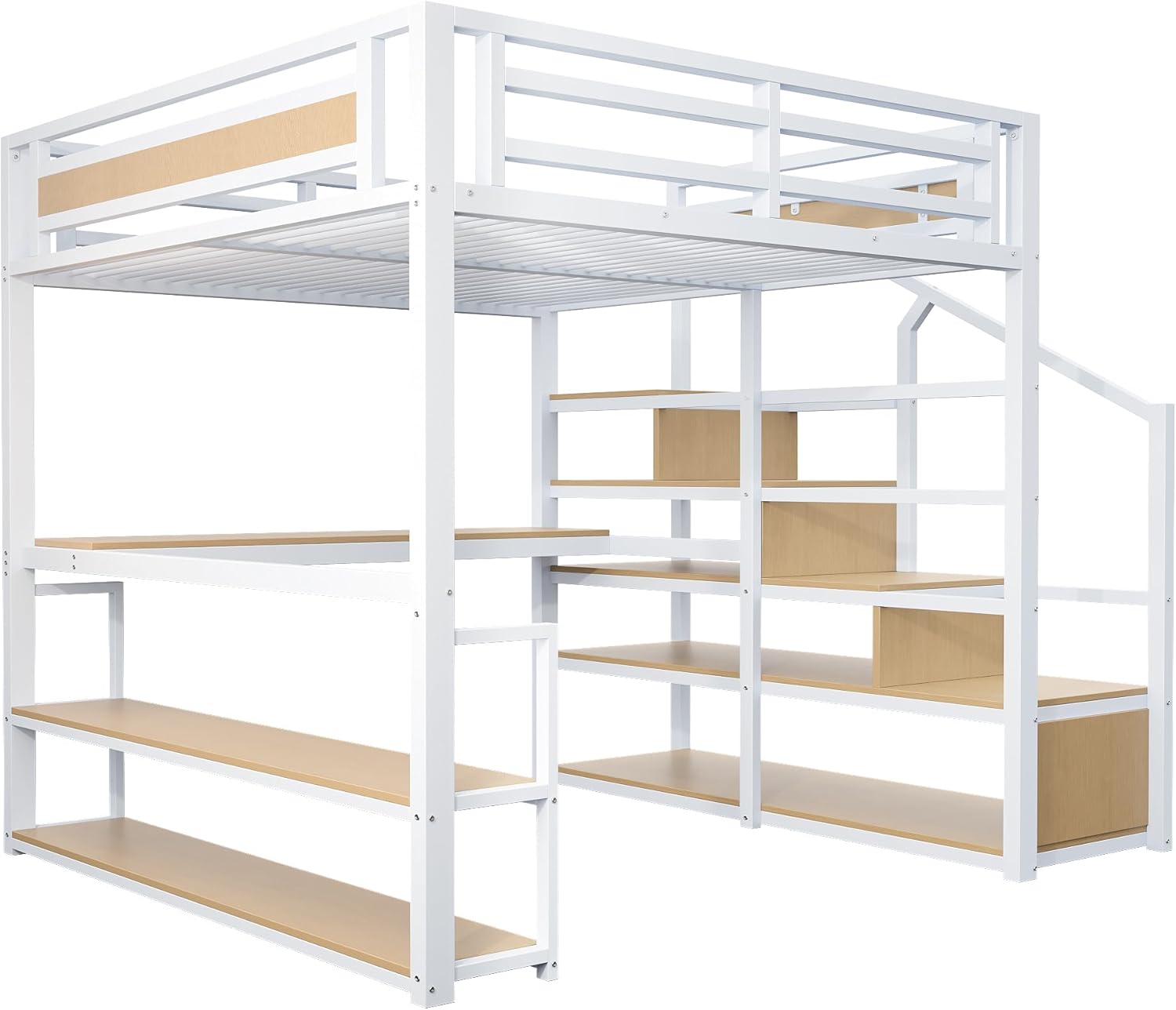 Hochbett 140x200 cm, Eisenbett, Jugendbett, mit Aufbewahrungsleiter Regalen und Tisch, Sicherheitszaun-Design mit gespleißten Metallplanken, Mit Lattenrost, Weiß(Ohne Matratze)