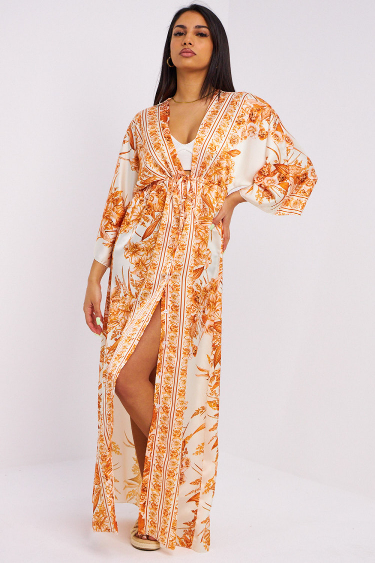 Robe chemise orange à fleurs col v