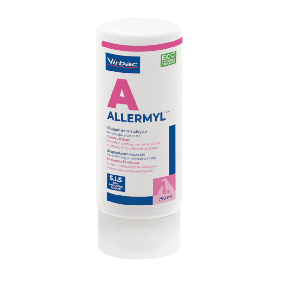 Shampoo dermatológico Virbac Allermyl para pele sensível de cães e gatos.