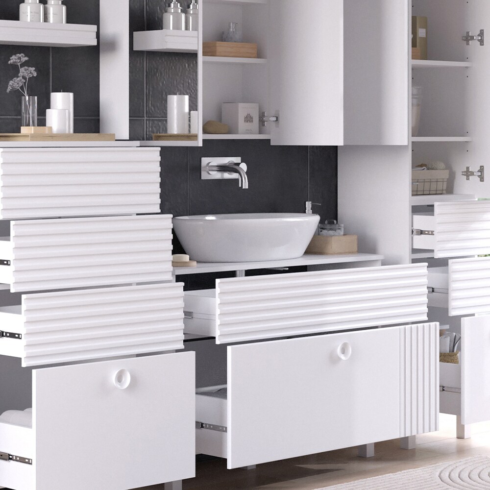 Vicco Badmöbel-Set Sola Weiß matt, moderne Serie, Badezimmer, dekorative Front Waschtischunterschrank Spiegelschrank Midischrank Hochschrank