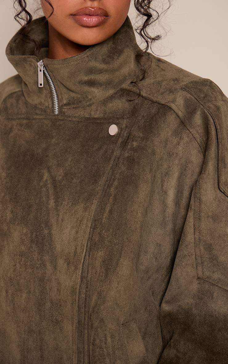 Kaki Veste De Motard En Synthétique Souple Avec Col Montant Et Ceinture Basse