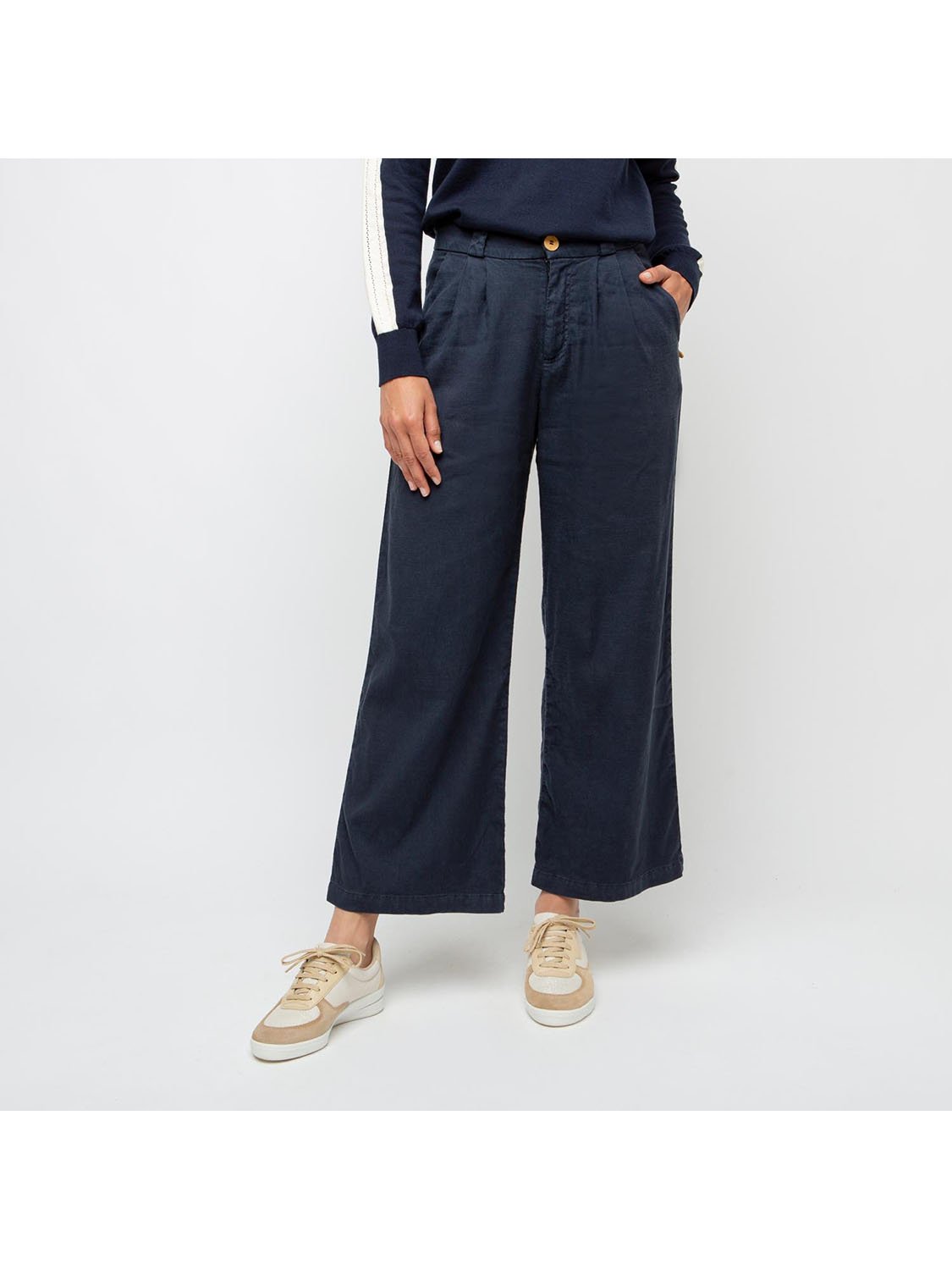 Pantalon Femme Large et 7\/8 Lin Lyocell Marine