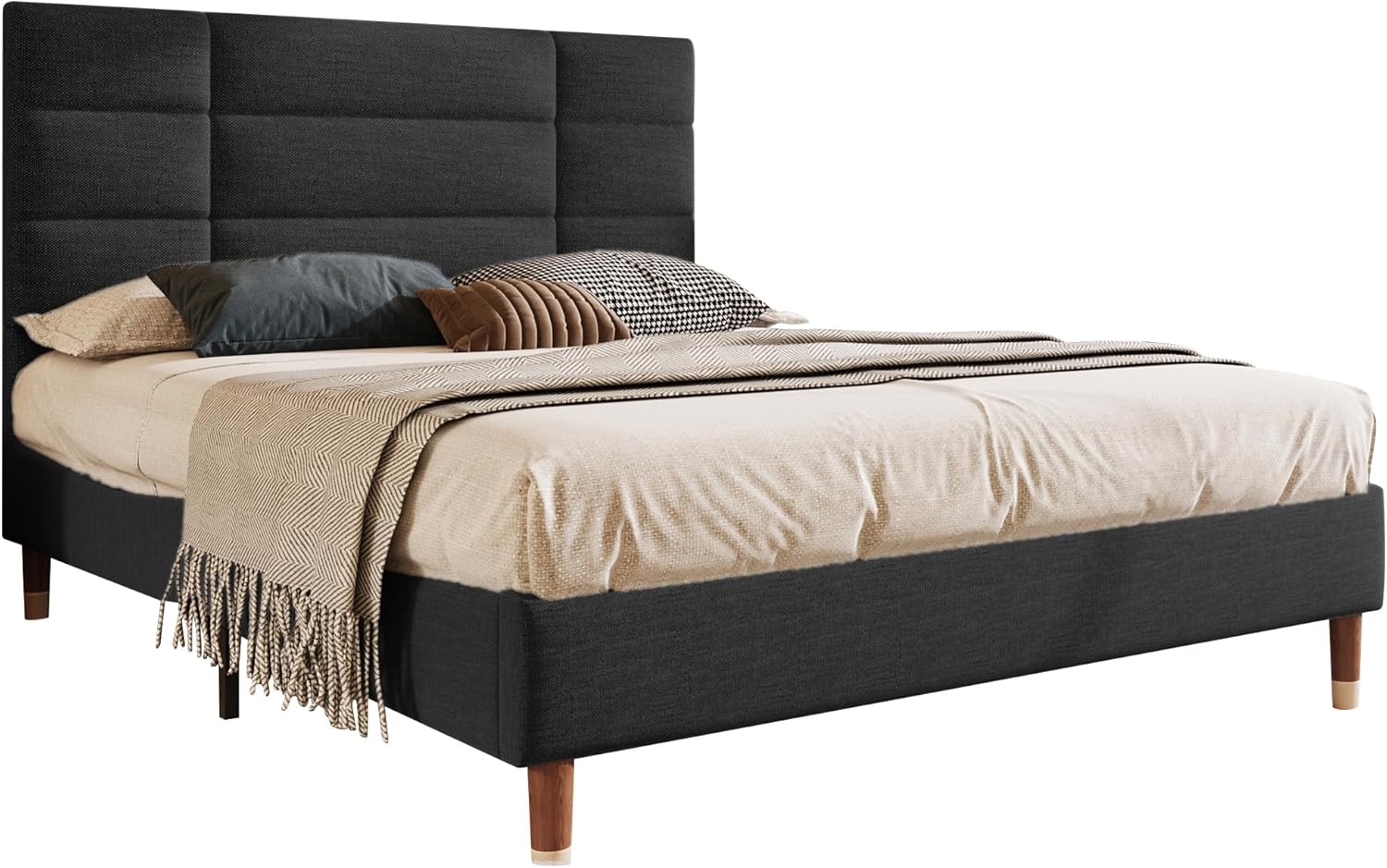 Merax Polsterbett 140x200 cm, Doppelbett, Bett mit Bettkasten Lattenrost, Gepolstertes Bettgestell mit Kopfteil, in Schwarz Leinen, für Erwachsene&Jugendliche(Matratze Nicht enthalten) PC9597831