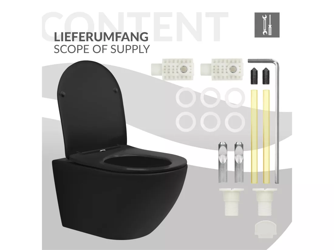 WC suspendu long chasse d'eau tornado noir mat avec siège de toilette Softclose