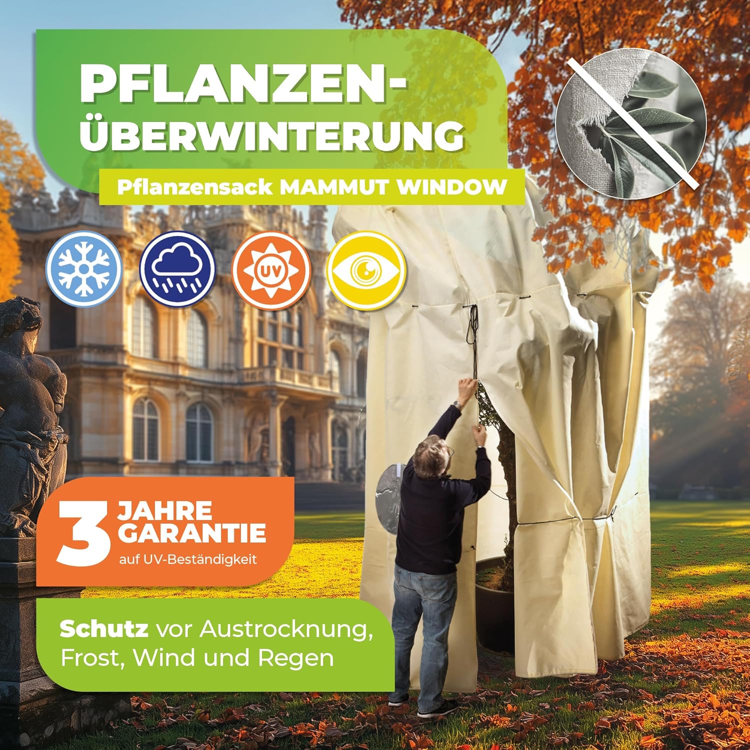 Bio Green Premium Kübelpflanzensack Window Mammut | 360 x 250cm | Frostschutz & Winterschutz | Schutzhülle Kübelpflanzen +Sichtfenster | Pflanzenschutz