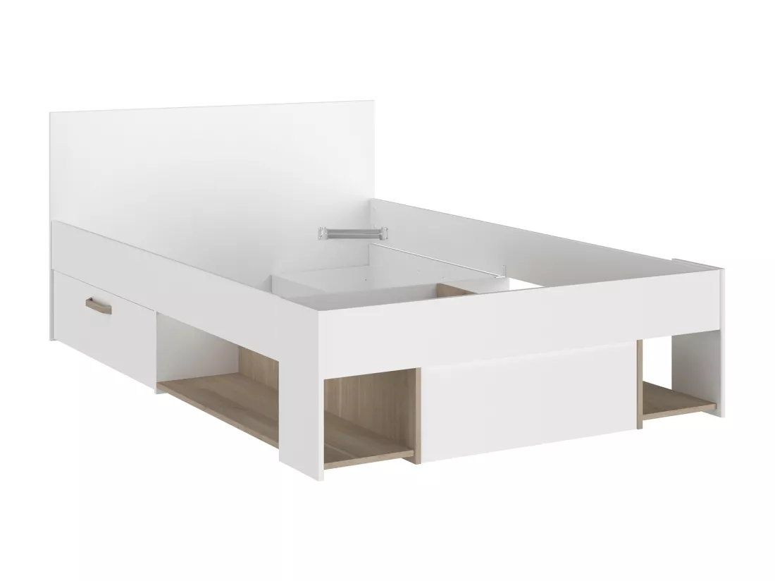 Lit 120 x 190/200 cm avec rangements - Blanc et naturel - KINSELIA
